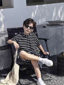 SHEIN Leap Crew 2 Packs Young Boys Casual Sports College Artistic Style Retro Japanese And Korean Loose Version With Hooded Striped Short-Sleeved And Shorts Suit Suitable For Kids Outfits Young Boy Clothes Back To School Boys Set Suitable For Birthday Parties, Evening Parties, Performances, Weddings, Baptisms, Opening Ceremonies Daily Suitable For Daily Use Suitable For School Suitable For Travel Suitable For Sports Suitable For Spring And Summer Seasons - Black and White - View 2