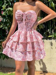 Breezaya Women's Ditsy Floral Halter Neck Layered Cake Dress For Vacation