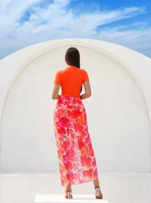 Swim Shayni 女士沙滩夏季套装 - 两件套：纯色圆领短袖后拉链连体泳衣 + 随机印花保守沙滩裙，沙滩度假两件套 - 橘色 - 查看 3