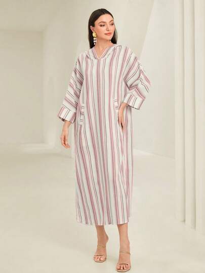 Al Najma 女式休闲条纹蝙蝠袖连帽阿拉伯连衣裙，端庄