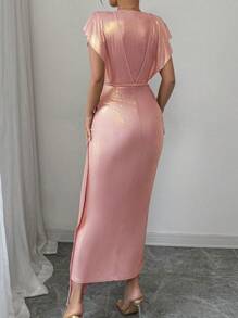 Elenzga Women's Long Folded Ruffle Sleeve Metallic Dress - Pink - View 2