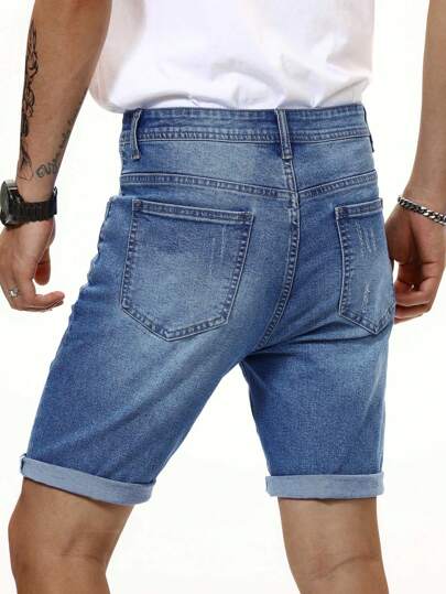 Manfinity Homme Men Cat Whiskers Washed Denim Shorts Plain Work Denim Jorts Navy Blue Denim Shorts, For Husband, Boyfriend Gifts Going Out Hang Out Work College Urban