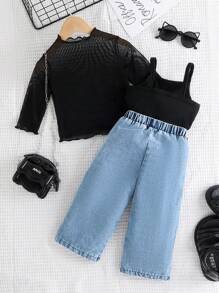 3pcs/Set Baby Girl Retro Street Style Outfit: Black Mesh Top, Matching Black Camisole, And Blue Denim Pants For Summer - Black - View 2