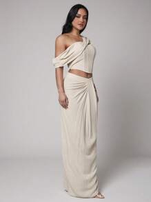 Silquee Premium Quality Graduation Spring/Summer "Luxury In Linens, Take It Slow, Timeless Linens" Solid Beige, Apricot, Natural White Linen Women's Fashion Asymmetrical Neck Ruched Slim Fit Top. - Beige - View 6