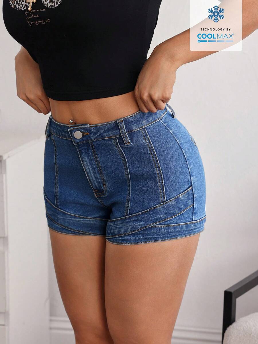 SHEIN EZwear Women's Casual Blue Denim Mini Shorts With Zipper Detail - Blue - View 1