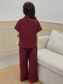 DAZY Conjunto de ropa de casa para niña preadolescente con pantalón largo y manga corta con patrón a cuadros y bordado, para primavera/verano