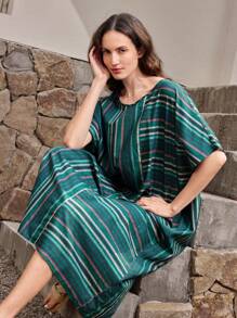 EMERY ROSE 女士条纹圆领蝙蝠袖宽松休闲长裙 - 墨綠色 - 查看 5