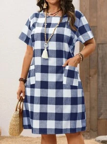 EMERY ROSE Damen Große Größen Kurzarm Schwarz & Weiß Karomuster Kleid für den frühen Frühling - marineblau - Übersicht 7