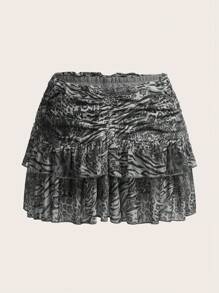 SHEIN ICON 低腰荷叶边下摆褶饰豹纹半身裙 - 灰色 - 查看 1