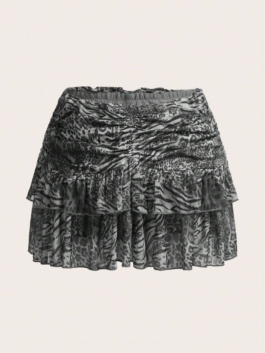 SHEIN ICON 低腰荷叶边下摆褶饰豹纹半身裙 - 灰色 - 查看 1