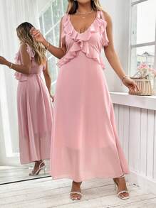 Celure Plus Size Elegant Solid Color Ruffle Trim Dress