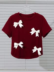 SHEIN LUNE 蝴蝶结装饰T恤，简约时尚，适合夏天 - 酒紅色 - 查看 5
