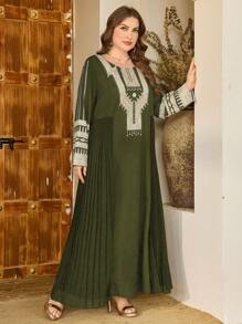 Al Najma 休闲印花雪纺褶皱长袖宽松常规大码女式阿拉伯风格连衣裙，春秋季，端庄