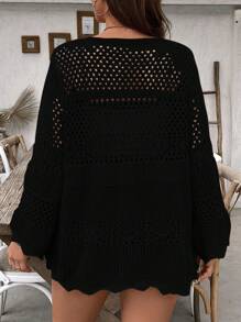 LanaWest CURVE 大码女式纯色钩针系带长袖长款罩衫，性感海滩度假轻便夏季泳装罩衫，防晒