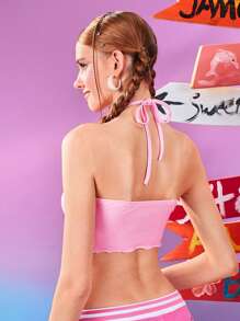 SHEIN X Care Bears Crop top rosa lindo con diseño de osos alegres y emojis, con parches de orejas 3D, de alta elasticidad, para conciertos, primavera y verano