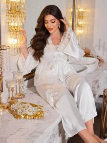 MuseNap CURVE Plus Size Women 3-Piece Elegant Contrast Lace Satin Cami Top & Pants & Robe Pajamas Set, Fall Winter Clothes - White - View 3