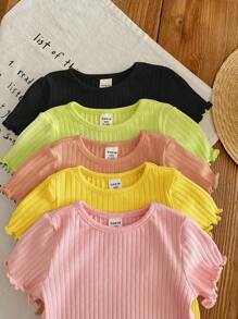 5pcs/Set Baby Girls Cute Ribbed Solid Wave Trim Short Sleeve Tops, Buy 1 Get 4 Free, Summer - Multicolor - View 6