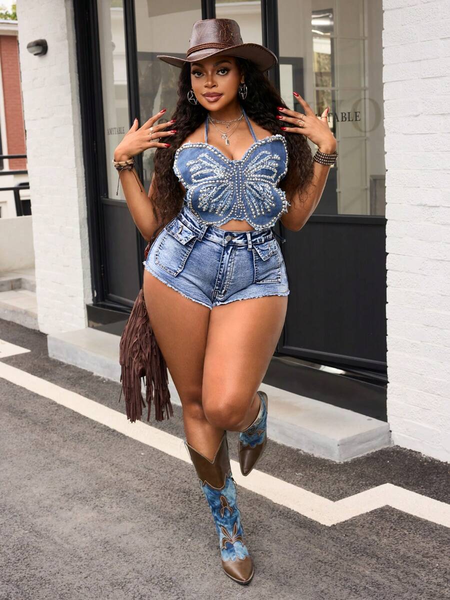 SHEIN SXY Plus Size Women Blue Denim Stretch Super Mini Shorts Cowboy Western Style Cowboy Summer Vintage Wash Denim Shorts - Blue - View 1