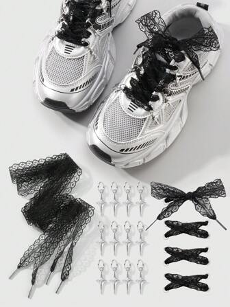 Kawaii 1 paire de lacets en filet de dentelle noire style gothique Y2K + pendentif croix en cristal, ensemble décoratif pour chaussures. Accessoire mode convenant aux femmes pour une utilisation quotidienne ou comme cadeau pour les fêtes