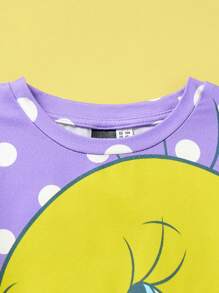 LOONEY TUNES X SHEIN 2pcs/Set Young Girl Cute Cartoon Bird Tweety & Polka Dot Print Short Sleeve T-Shirt And Purple Polka Dot Shorts Pajamas Set, Casual For Spring/Summer
