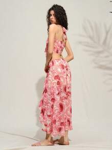 SHEIN LUNE Conjunto de 2 piezas de top halter estampado floral y mini falda de estilo bohemio y vacaciones para mujeres, atuendo de vacaciones para mujeres