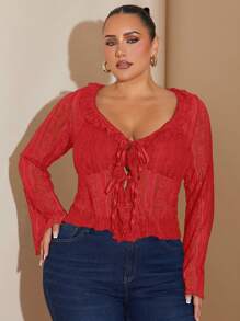 SHEIN BAE Blusa de encaje transparente con lazo frontal, romántica y dulce para mujer de talla grande, ropa de mujer para otoño