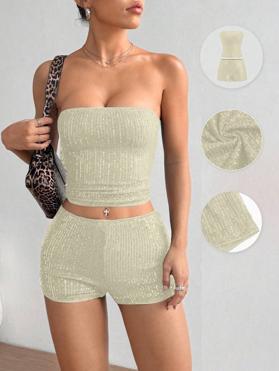 SHEIN Unity Bộ 2 áo liền quần và quần short sequin trơn màu đơn giản thời trang dành cho nữ - Màu be - Xem 1