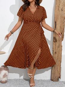 SHEIN Clasi Plus Size Polka Dot Print Tie Waist Wrap Dress For Vacation & Leisure Maxi Women Outfit
