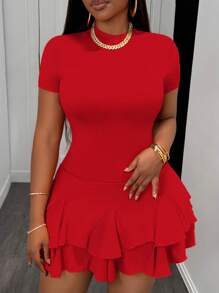 Slaydiva Váy ngắn cổ tròn xếp nếp đơn giản, giản dị mùa hè, và sang trọng - Đỏ - Xem 4