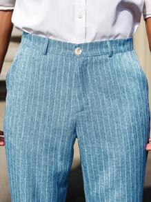 Manfinity Bizformal 男士休闲直筒宽松西装裤，带口袋，条纹图案 - 藍色 - 查看 2