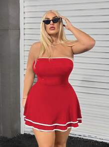 SHEIN SXY Plus Size Contrast Color Trim Casual Sleeveless Mini Dress - Red - View 3