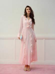 MOTF PREMIUM VESTIDO CON VOLANTES DE ENCAJE DE CONTRASTE Y DRAPEADO - Rosa Pálido - Ver 7