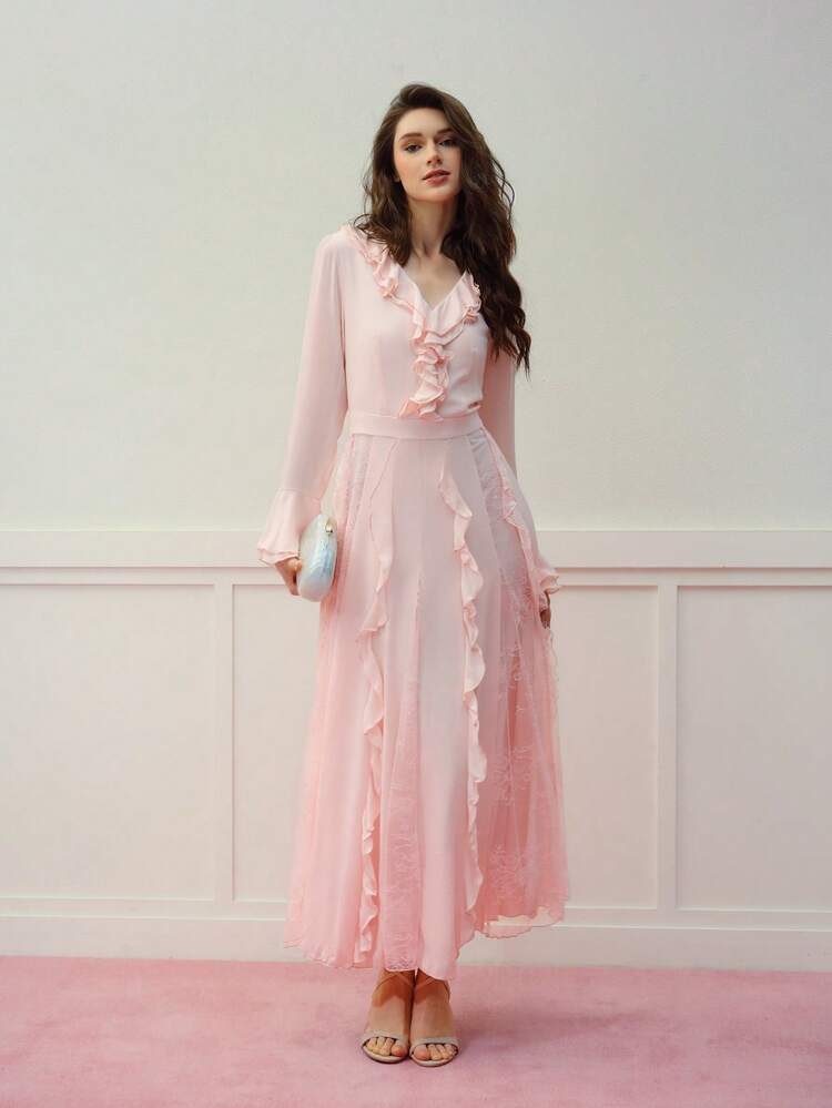 DRAPED CONTRAST LACE RUFFLE TRIM DRESS