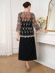 Seusyu 2pcs/Set Women Casual Embroidered Mesh Top & Solid Color Slip Dress - Black - View 6