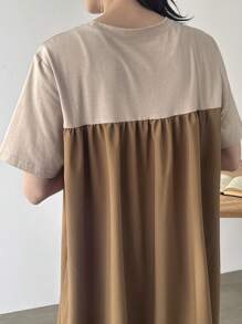 FRIFUL Women's Colorblock Round Neck Short Sleeve Ruffle Hem Mid-Length Dress