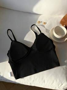 Comfortcana Women's Casual Solid Color Lace Trim Cropped Camisole - Black - View 5