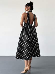 Firerie Women's Vintage French Style Polka Dot V-Neck Backless Cinched Waist High Waist Midi Dress, Suitable For Valentine's Day, Concerts, Performances, Dates, Banquets, Weddings, Sexy, Elegant, Commuting, Back To School, Vacation, Beach, Romantic