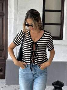 Pariaura French Elegant Chic Black & White Striped V-Neck Ribbon Tie Decor Regular Women Summer T-Shirt - Black and White - View 5
