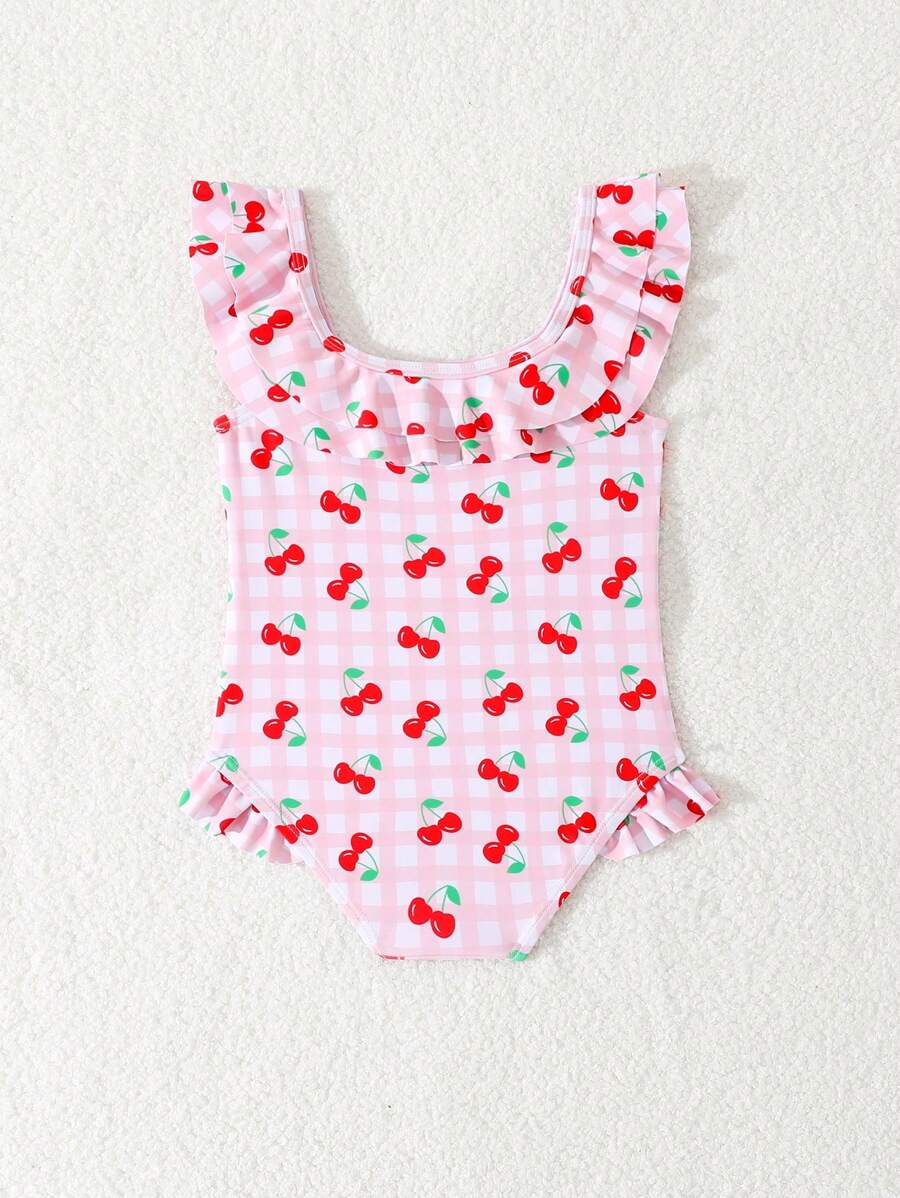 Baby Girl Cute Bow Print Ruffle One Piece Swimsuit - Multicolor - View 1