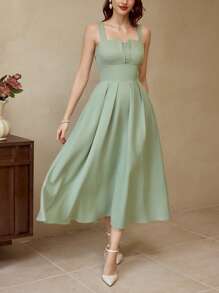 Vintamour Robe longue verte élégante et rétro pour femmes, robe ajustée évasée sans manches, printemps/été