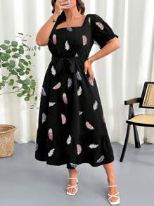 SHEIN Clasi Plus Size Women's Feather Print Elegant Square Neck Elastic Waist Puff Sleeve Dress For Summer