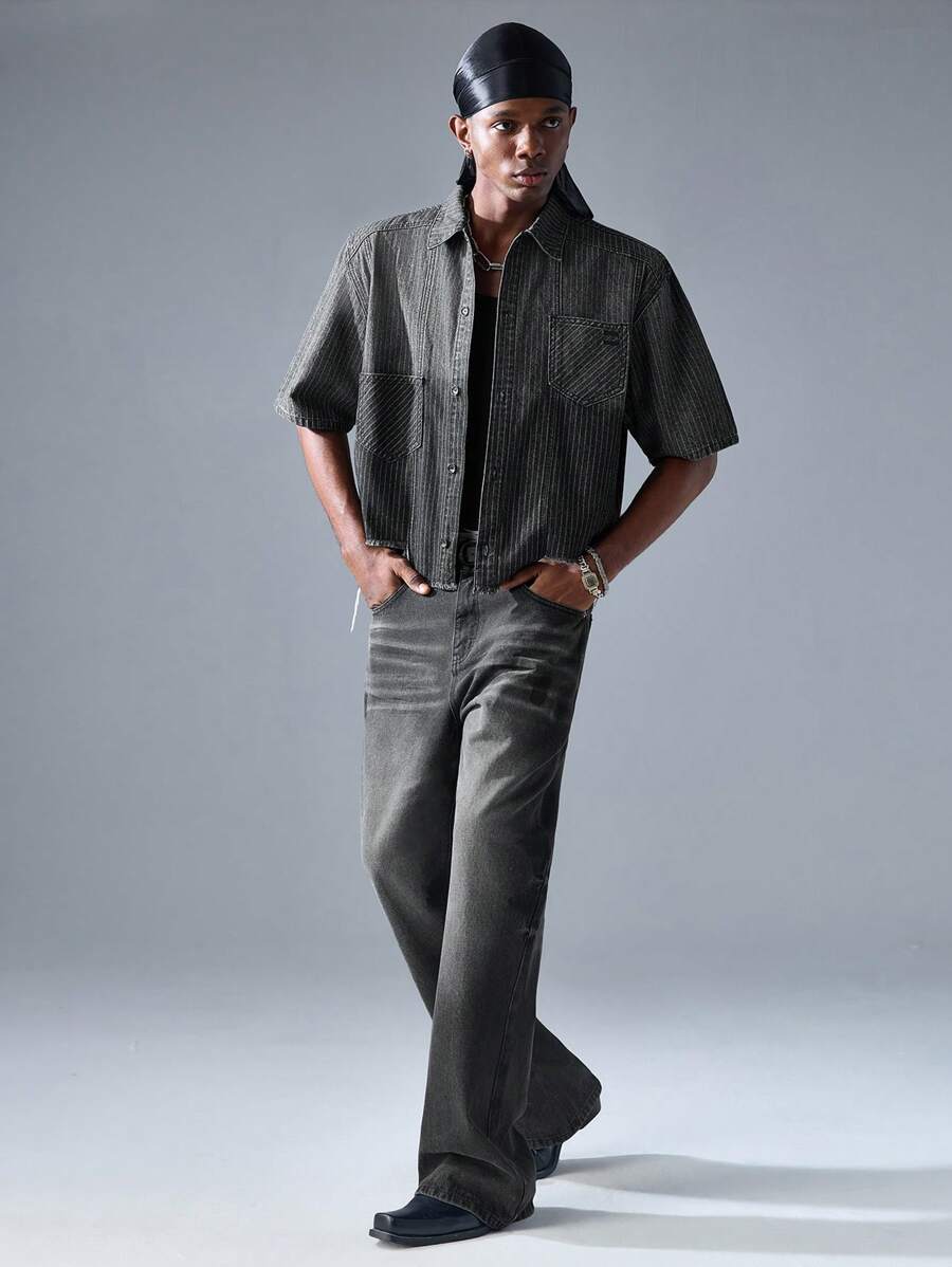 NEON BLANC Men's Street Fashion Black Stripe Short Sleeve Woven Shirt - Black - View 1