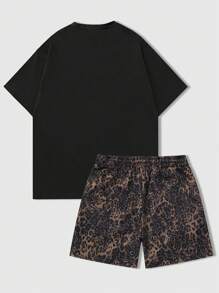 ROMWE MEN Street Life 2 件装男士标语印花休闲短裤，适合春夏季 - 黑色 - 查看 2