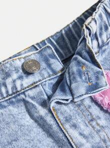 Denimly Young Girl Lightweight Denim Heart Pattern Embroidered Casual Holiday Fashion Skirts Pants, Summer - Light Wash - View 3