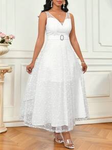 SHEIN Lady Vestido midi de mujer de cuello en V sólido blanco