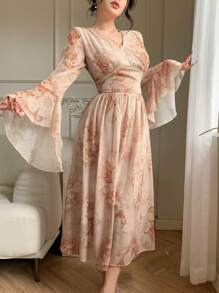 DAZY 中长 V 领花卉荷叶边女式连衣裙优雅秋季连衣裙长袖连衣裙