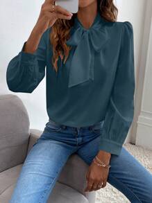 SHEIN Frenchy 女士系带灯笼袖纯色雪纺衬衫 - 墨綠色 - 查看 4