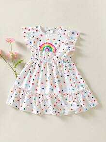 Young Girl Colorful Polka Dot Dress, Sweet Style, Spring/Summer - White - View 3