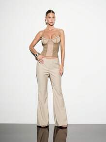 KIZN Professional Wide Leg Dress Pants Tailored Office Work Trousers Business Casual Elegant Flare Split Back Career Wear All Season - Apricot - View 5