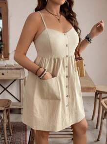 SHEIN LUNE Vestido midi con tirantes y bolsillos, de algodón puro y de uso diario casual para tallas grandes en verano